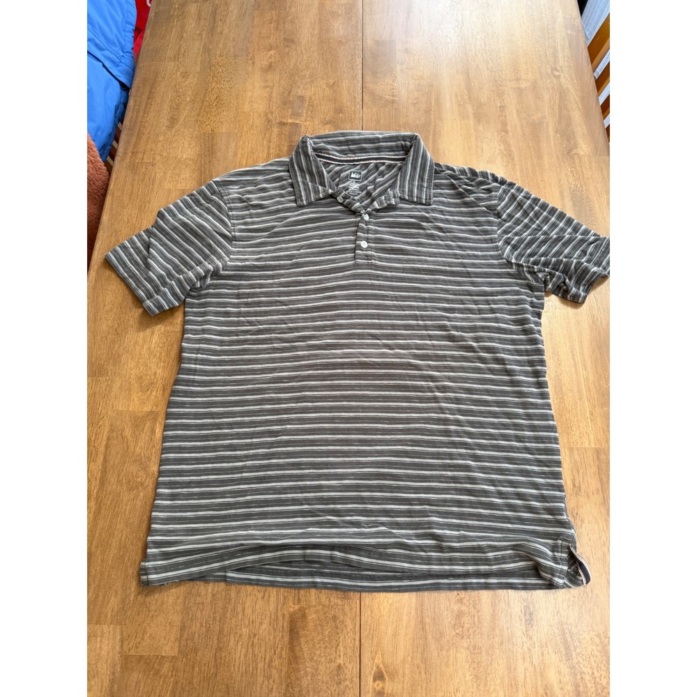 REI Mens Short Sleeve Polo Shirt Grey White Striped Cotton Blend Size L